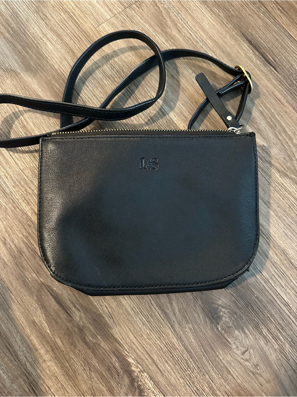 L.S. Black Leather Crossbody Bag with Adjustable Strap